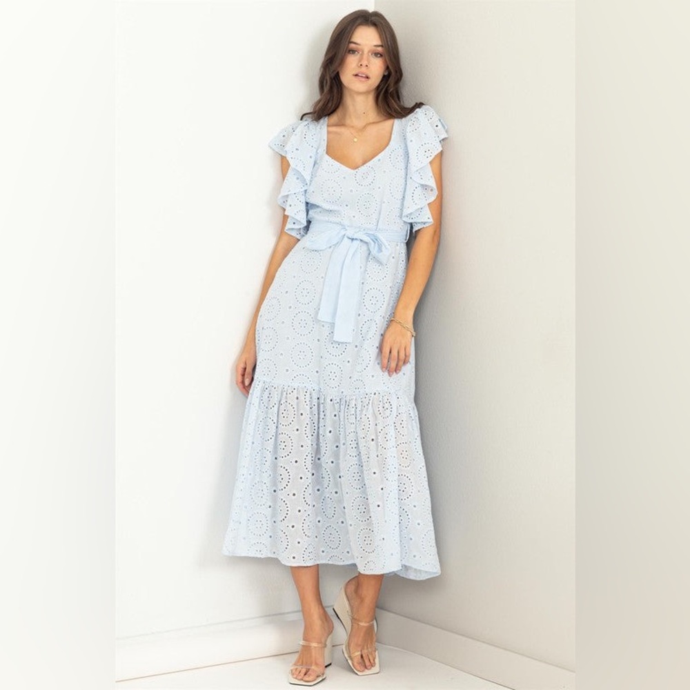 Light Blue Eyelet Midi Dress with Tie Waist